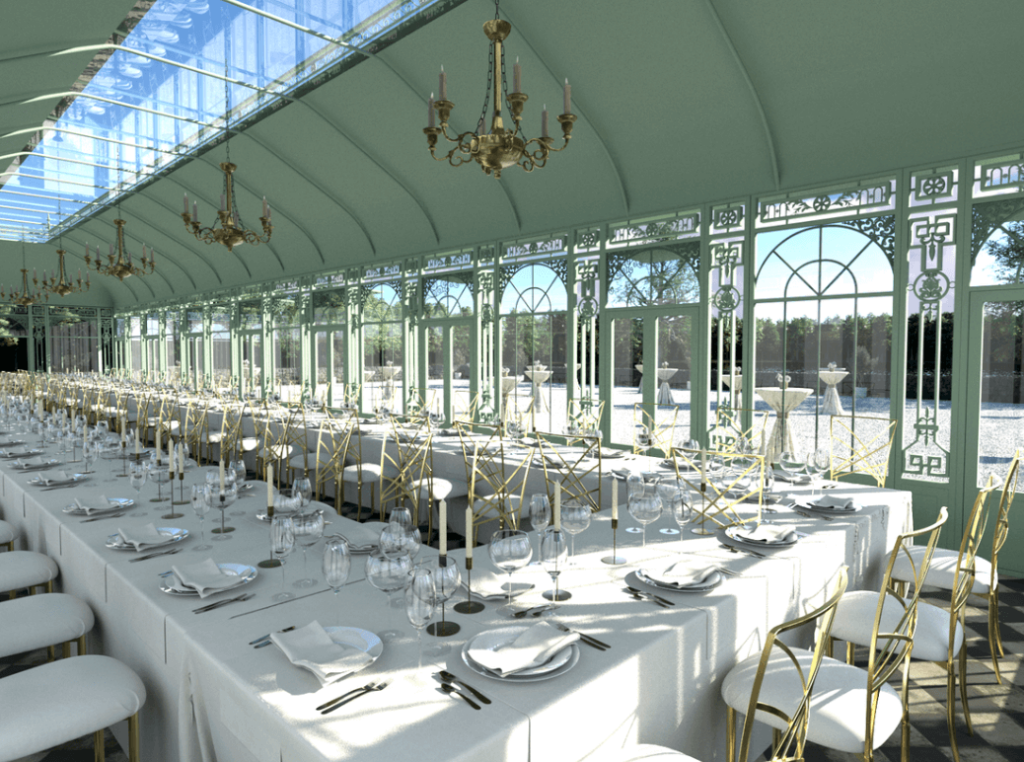 Indoor reception at the beautiful L'Orangerie greenhouse.